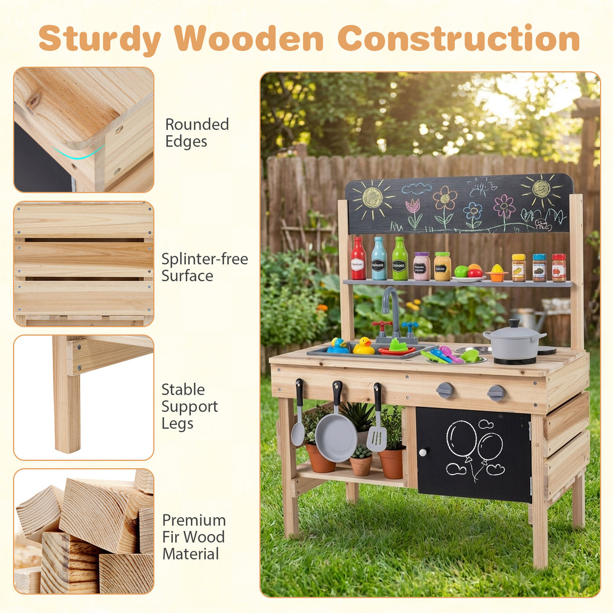 Outdoor Mud Kitchen for Kids Wooden Play Pretend Kitchen with Stoves