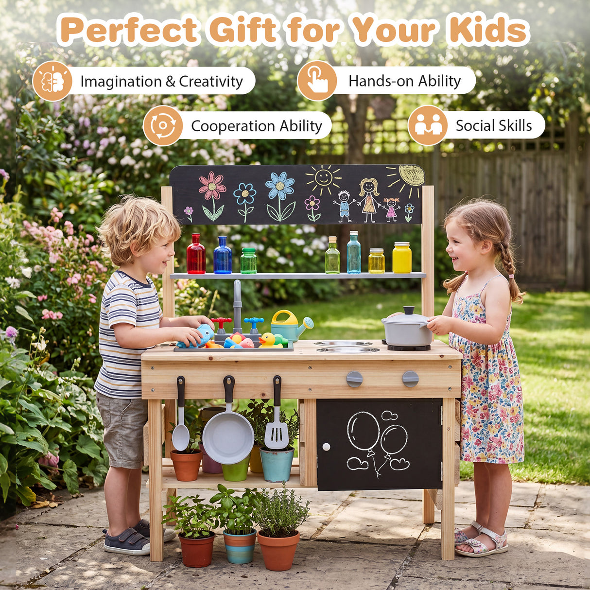 Outdoor Mud Kitchen for Kids Wooden Play Pretend Kitchen with Stoves