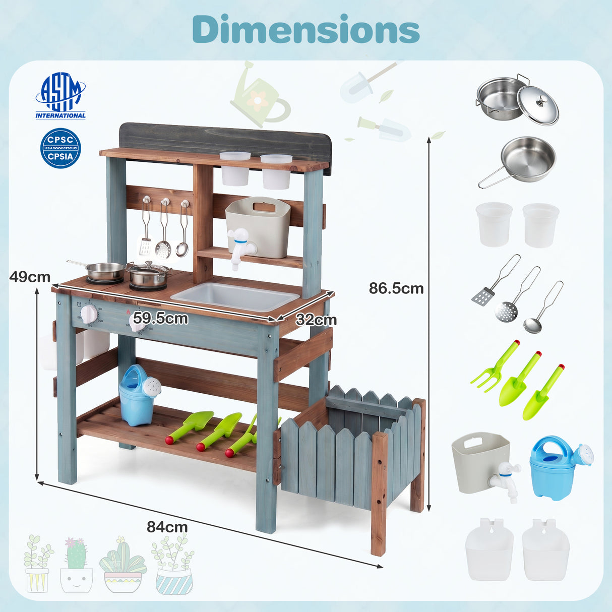 Outdoor Wooden Mud Kitchen Set Play Kitchen with Running Water Faucet Tank