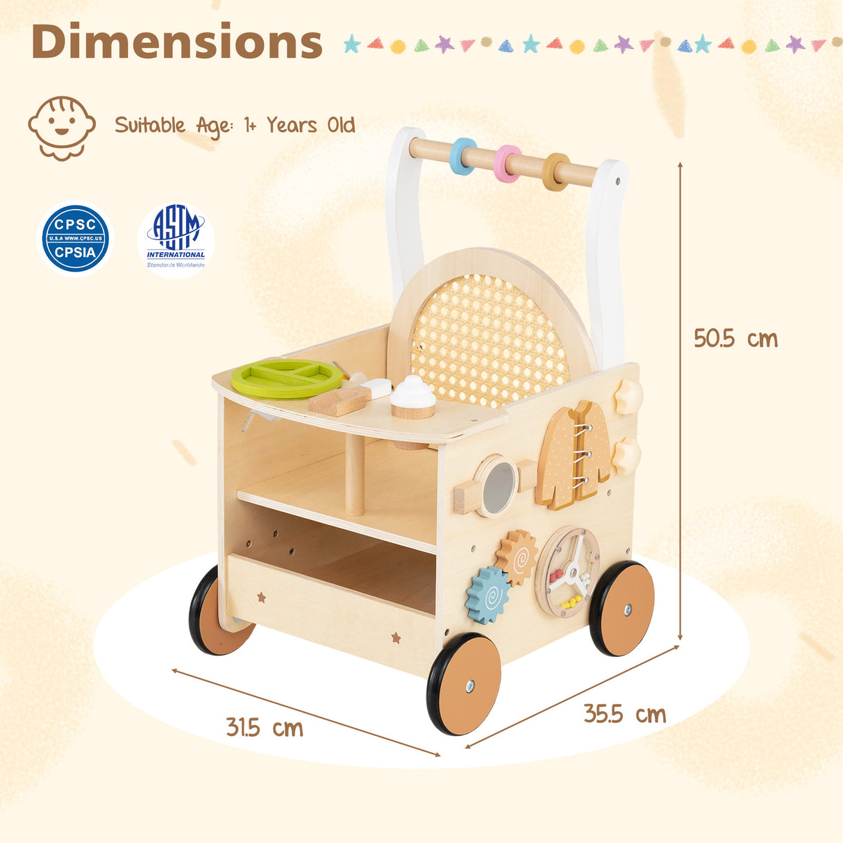 13-In-1 Toddler Push Walker with Wheels & Storage, Montessori Activity Center, Learning Activity Walker