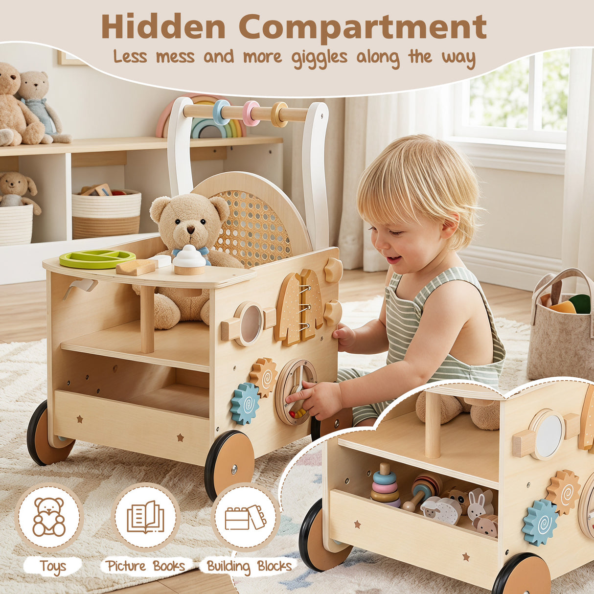 13-In-1 Toddler Push Walker with Wheels & Storage, Montessori Activity Center, Learning Activity Walker