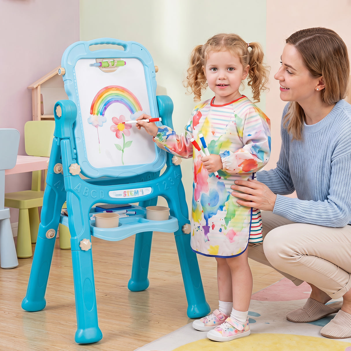 4-In-1 Double Side Easel for Toddler, Magnetic Chalkboard & White Drawing Board, Birthday Christmas Gift for 3+ Boys Girls