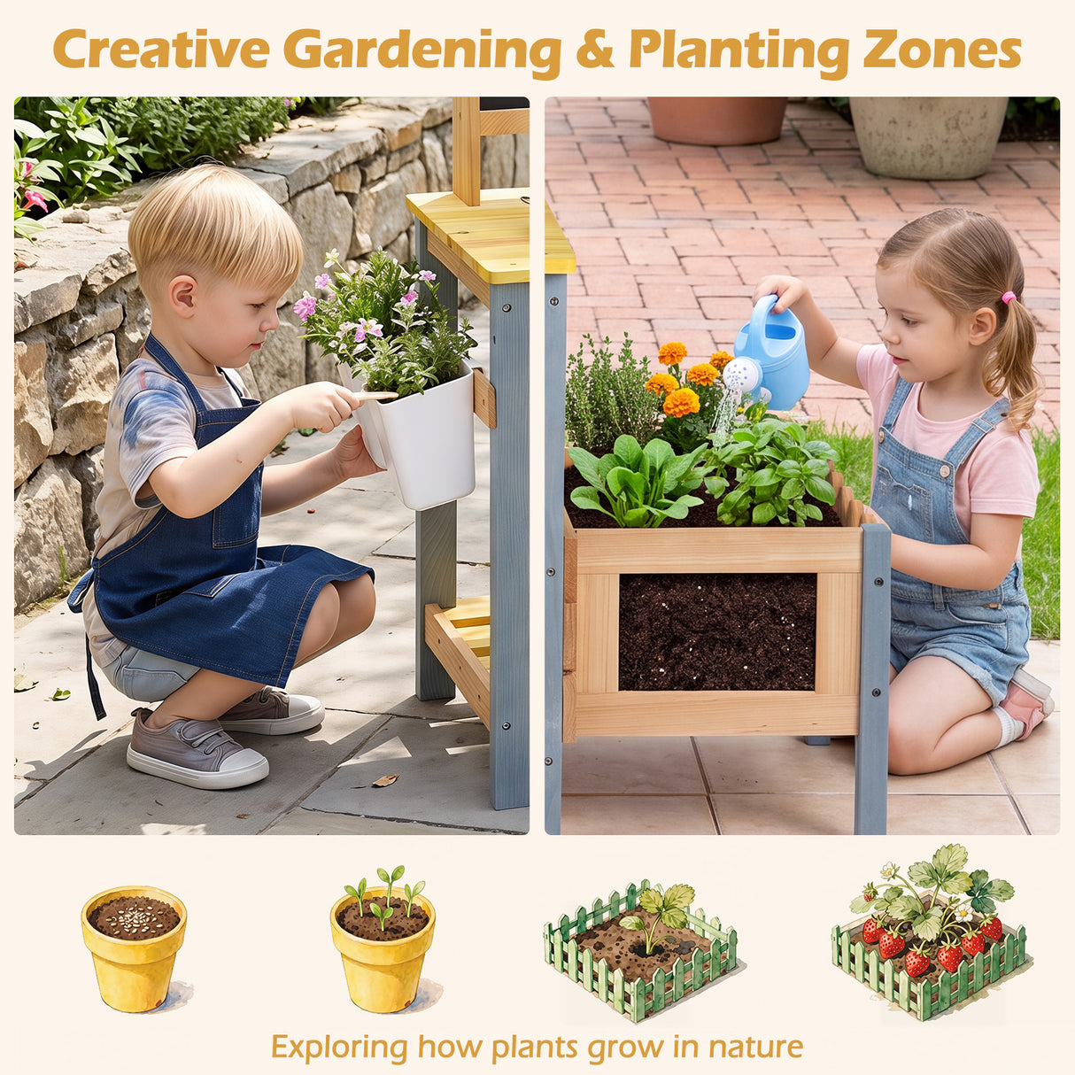 Mud Kitchen, Fir Wood Kids Play Kitchen Set with Water Flow Track, Faucet