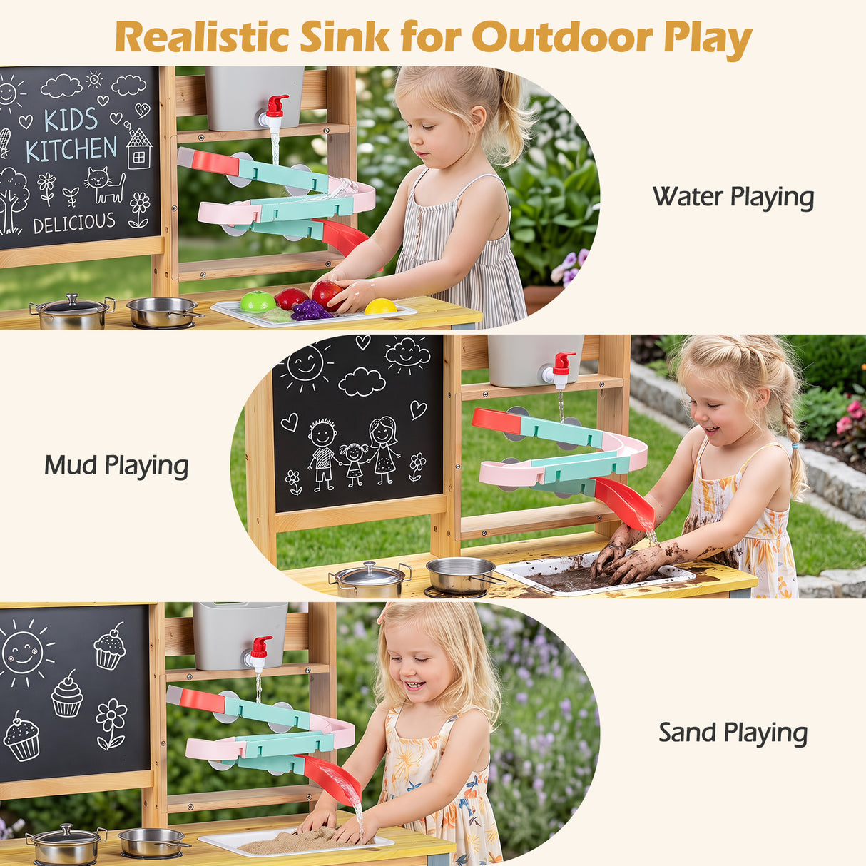 Mud Kitchen, Fir Wood Kids Play Kitchen Set with Water Flow Track, Faucet