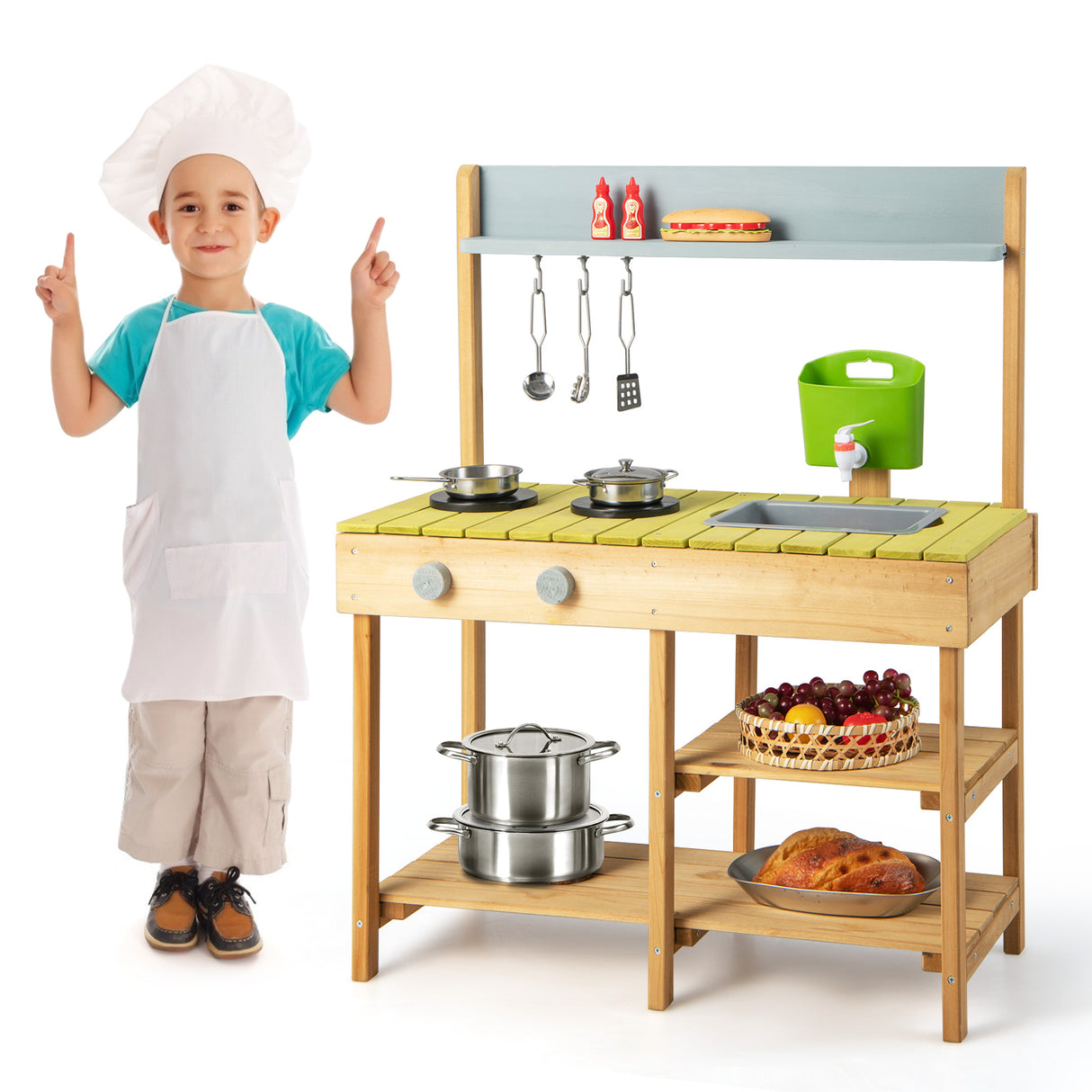 Indoor Outdoor Wooden Kitchen Play Set for Toddlers Ages 3+