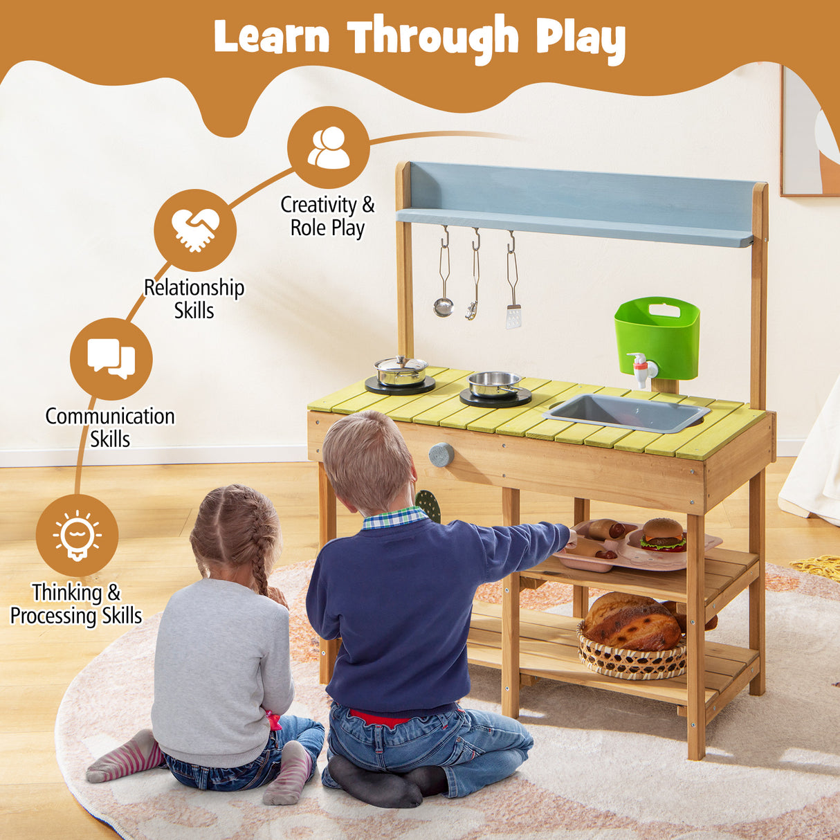 Indoor Outdoor Wooden Kitchen Play Set for Toddlers Ages 3+