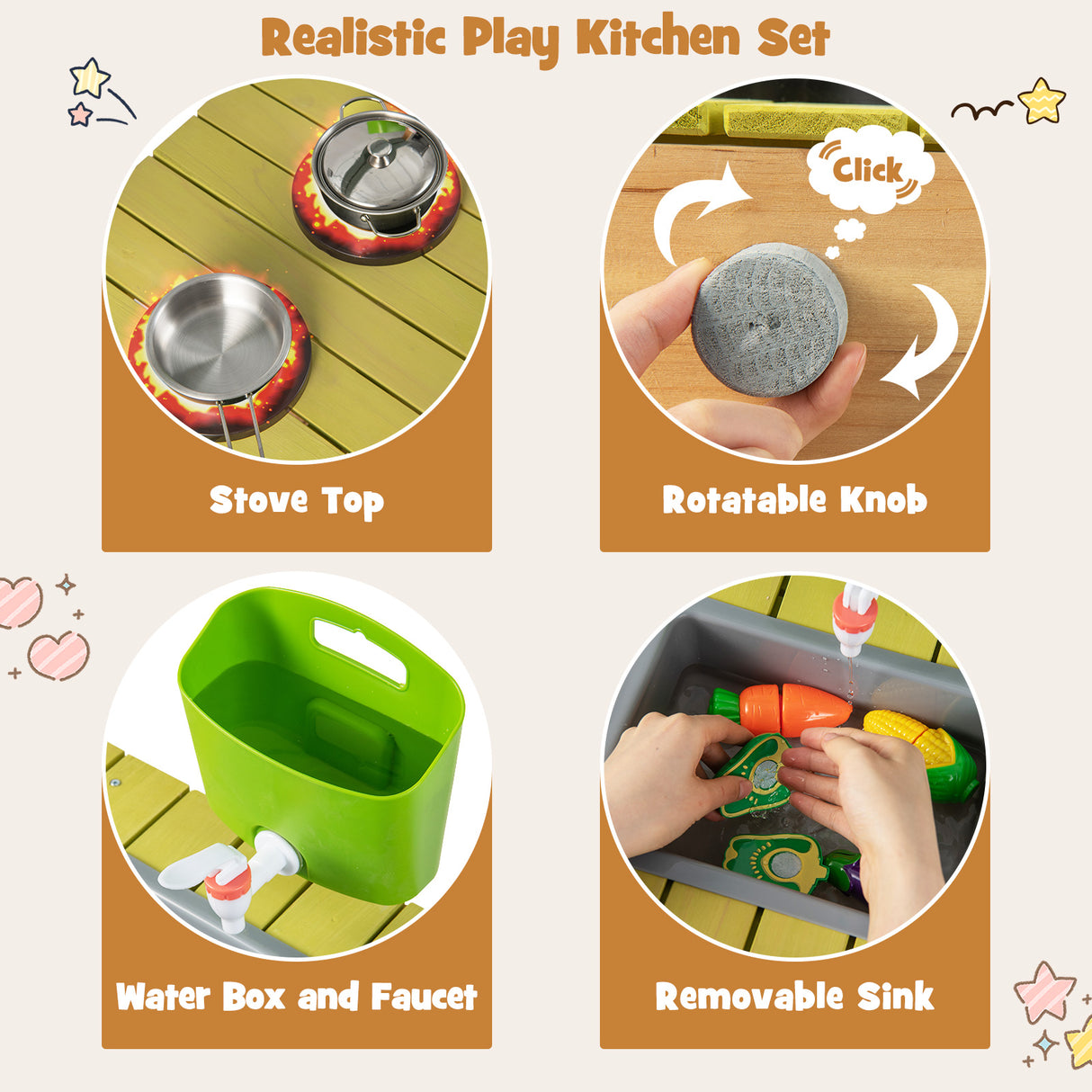 Indoor Outdoor Wooden Kitchen Play Set for Toddlers Ages 3+