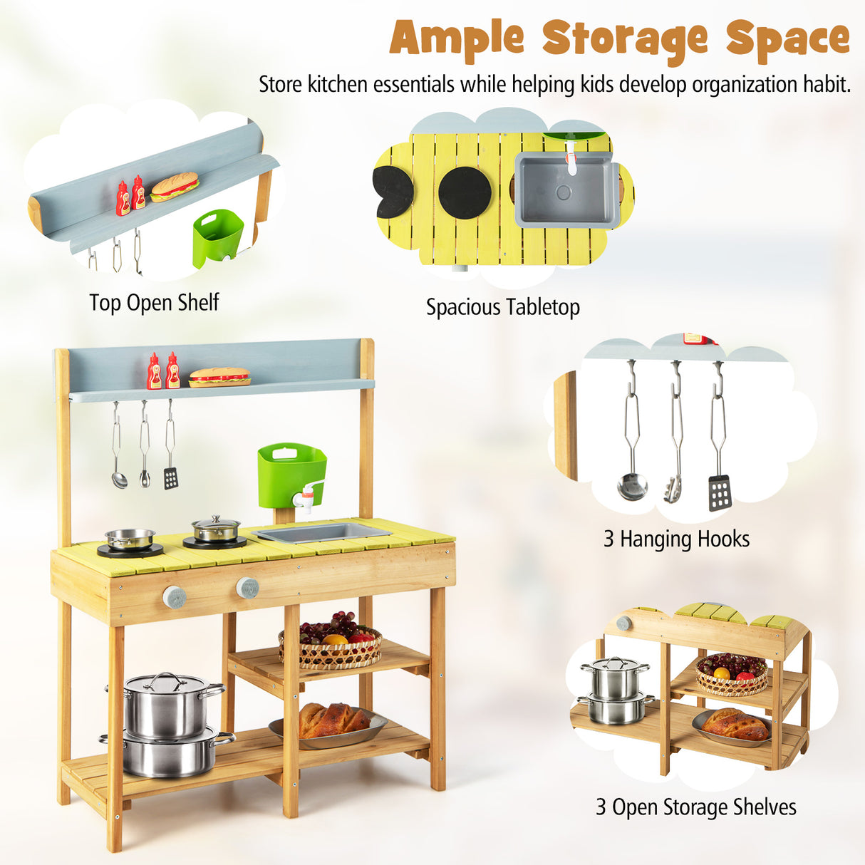 Indoor Outdoor Wooden Kitchen Play Set for Toddlers Ages 3+