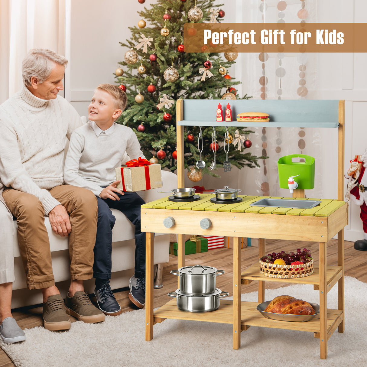 Indoor Outdoor Wooden Kitchen Play Set for Toddlers Ages 3+