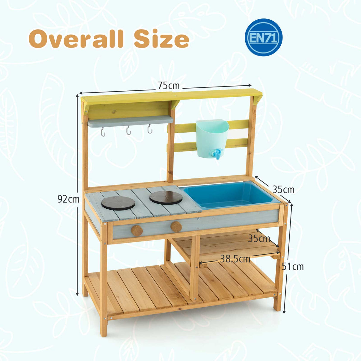 Wooden play kitchen set with measurements on a white background