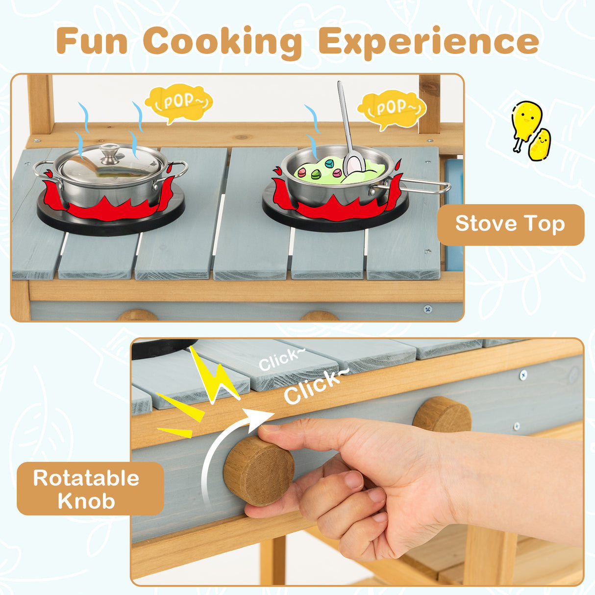 Children's toy stove with stovetop and rotatable knob, featuring 'Fun Cooking Experience' text.