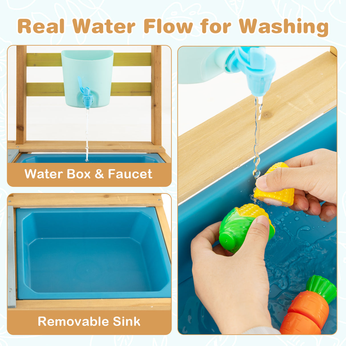 Children's play sink with water box, faucet, and removable sink area.