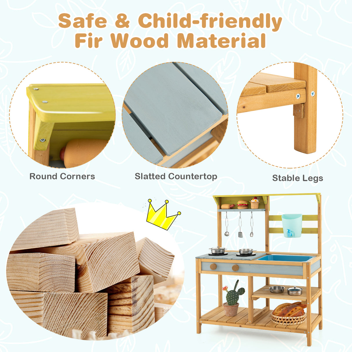 Wooden play kitchen set with safety features highlighted on a white background