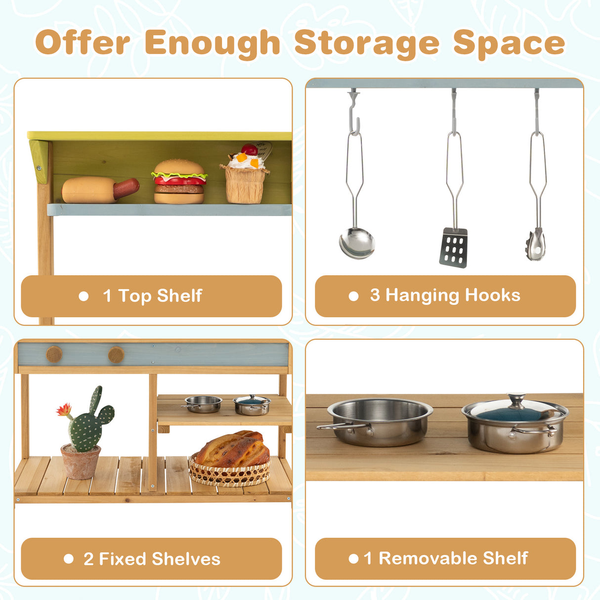 Kitchen storage solution with shelves, hooks, and pots.