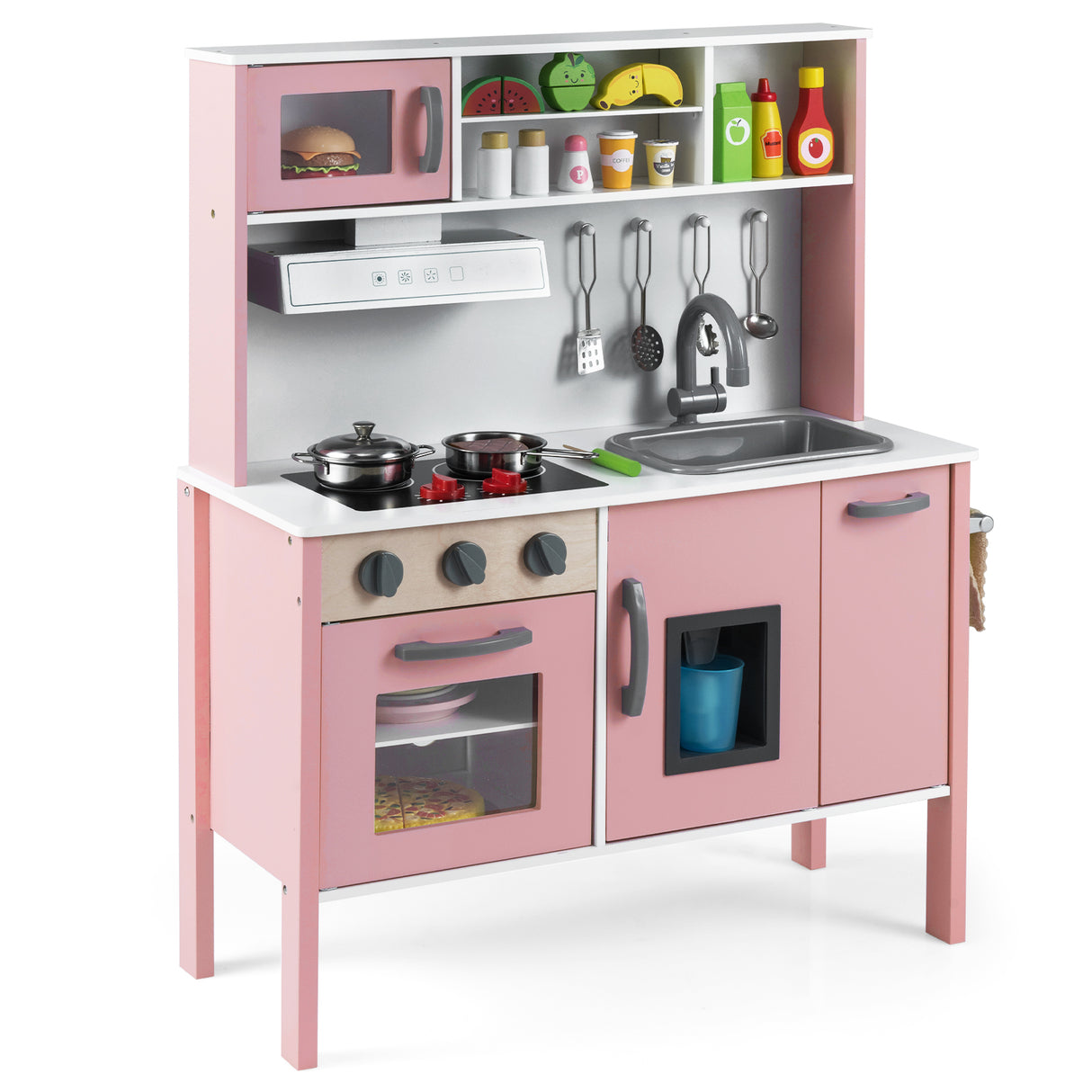 Children's play kitchen set with pink cabinets and white countertop on a white background