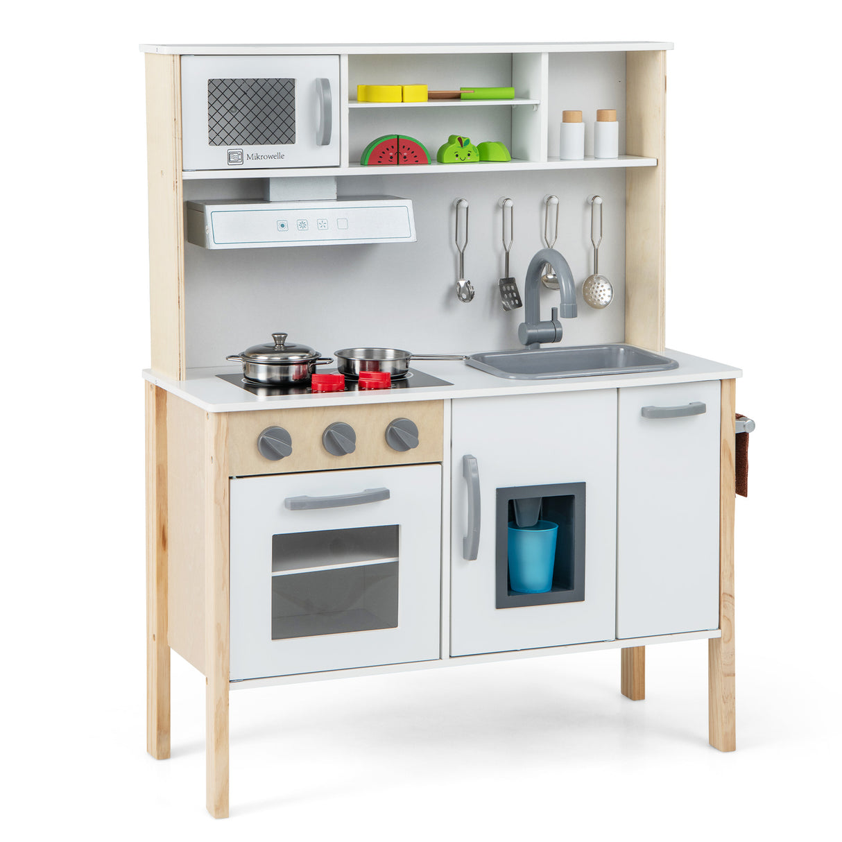 Children's play kitchen set with wooden cabinets, white countertops, and toy appliances on a white background.