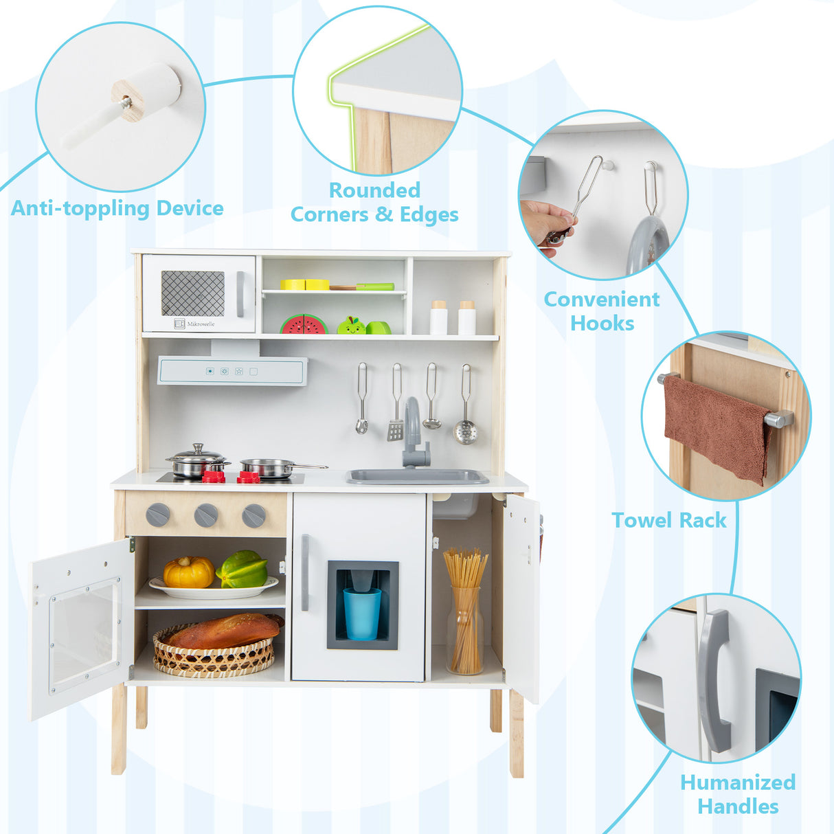Children's play kitchen set with various features highlighted on a light blue background