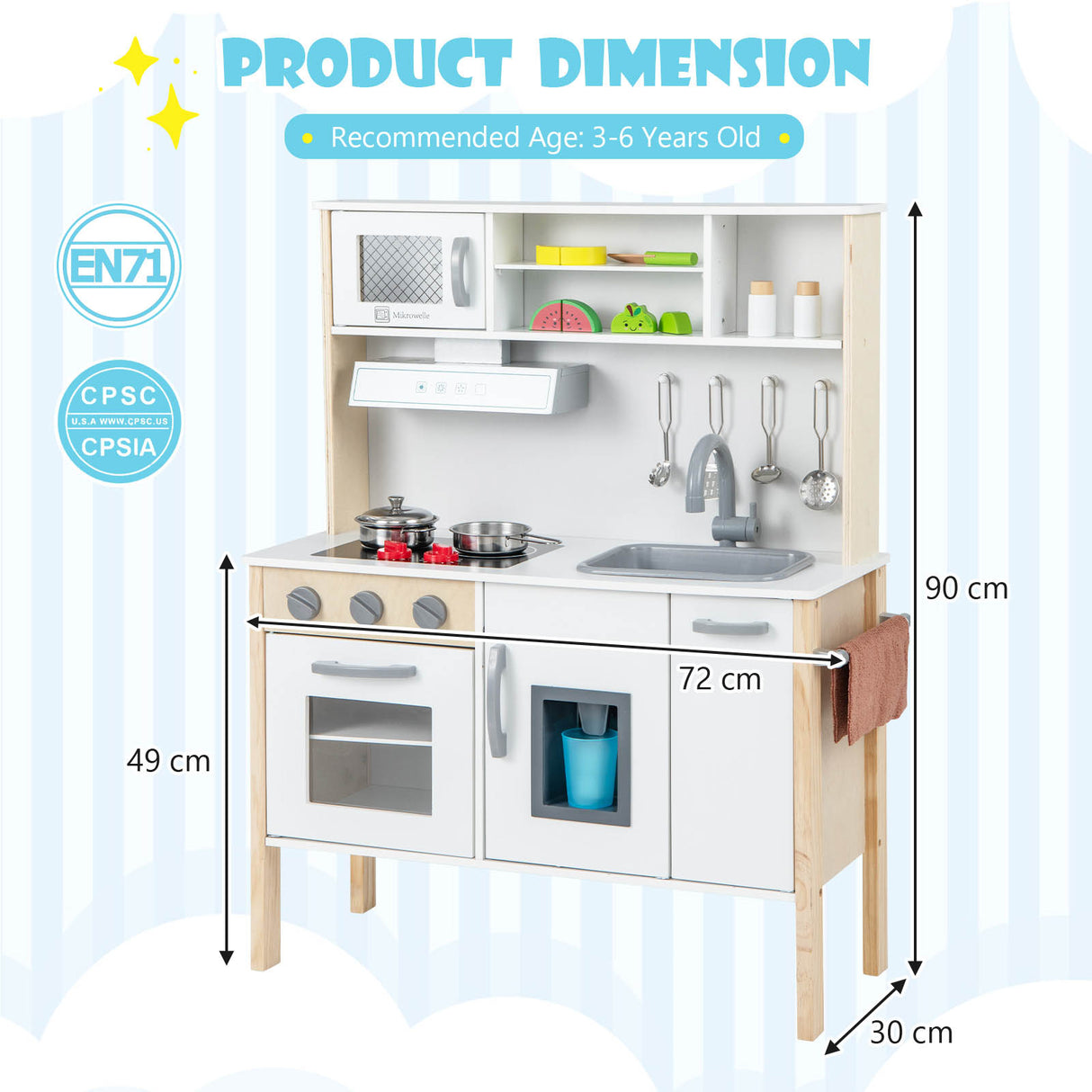 Children's play kitchen set with measurements on a light blue background