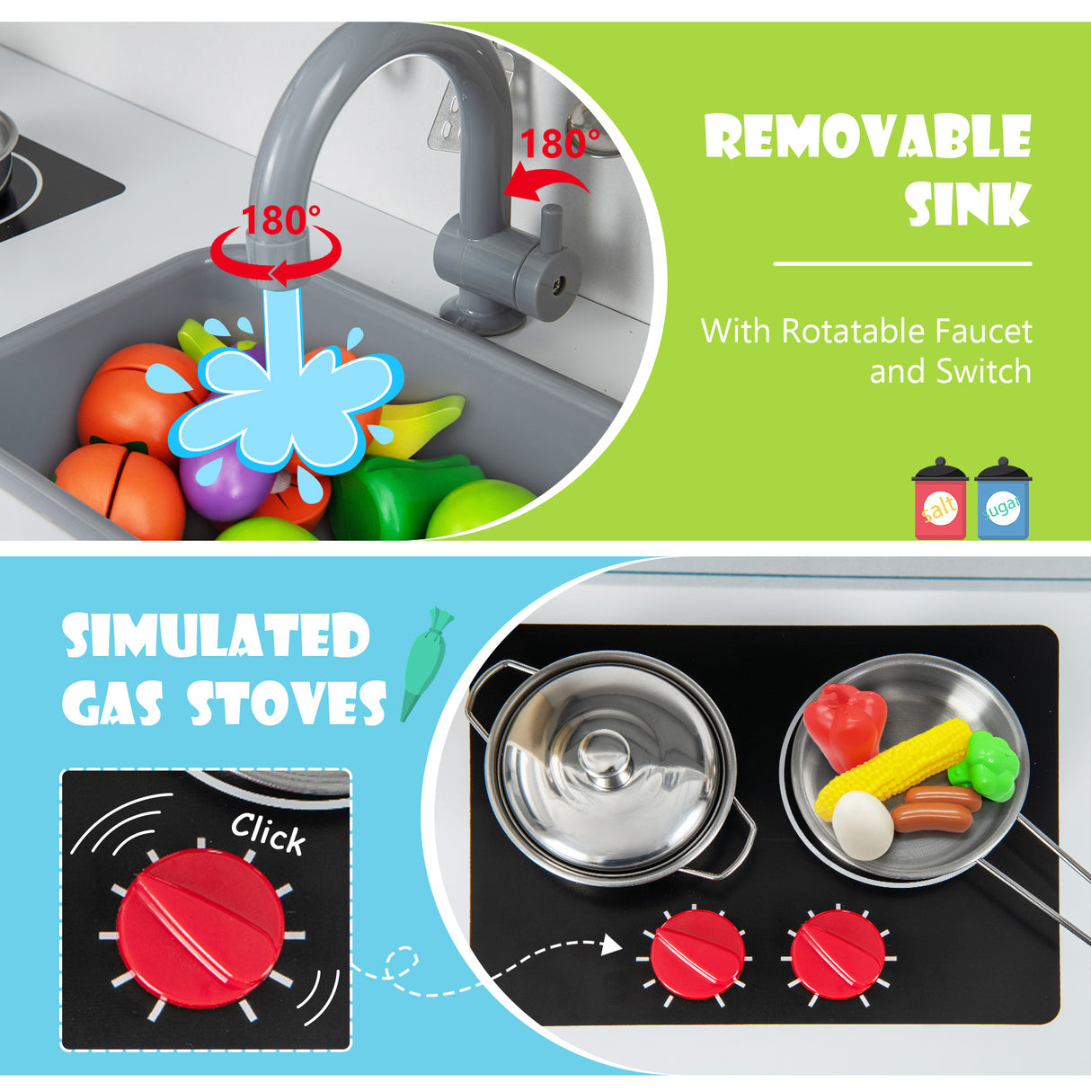 Children's play kitchen set with removable sink and simulated gas stoves.