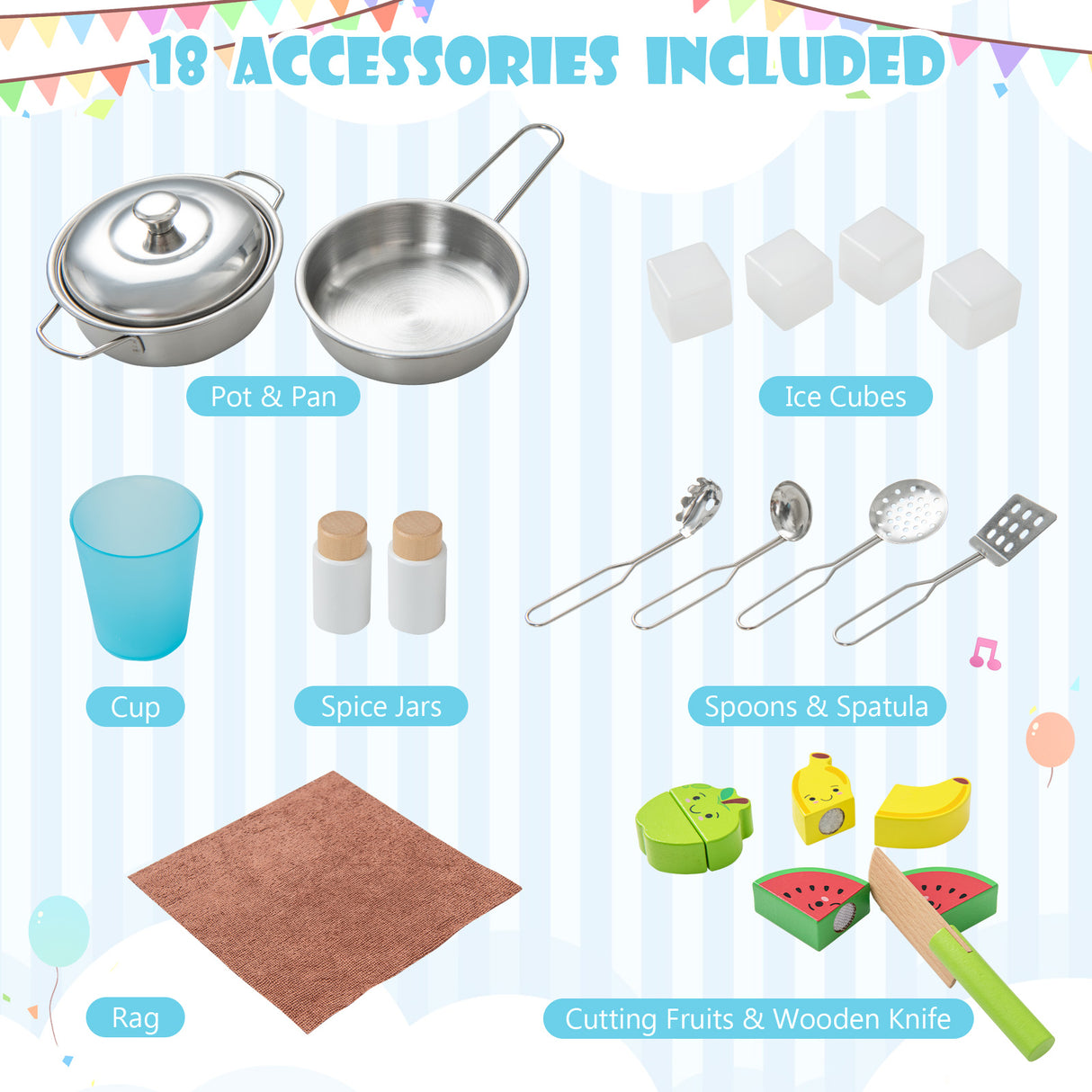 Set of toy kitchen accessories including pot and pan, cups, ice cubes, spoons, spatula, cutting fruits, and more on a light blue background.