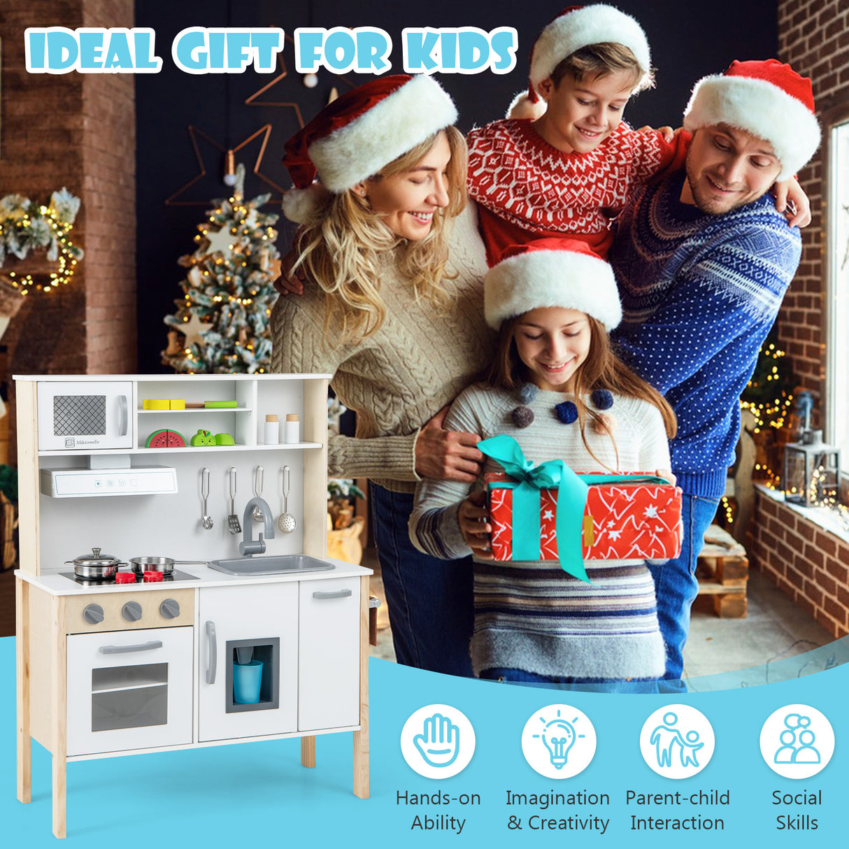 Family opening a gift in a festive setting with a toy kitchen set.