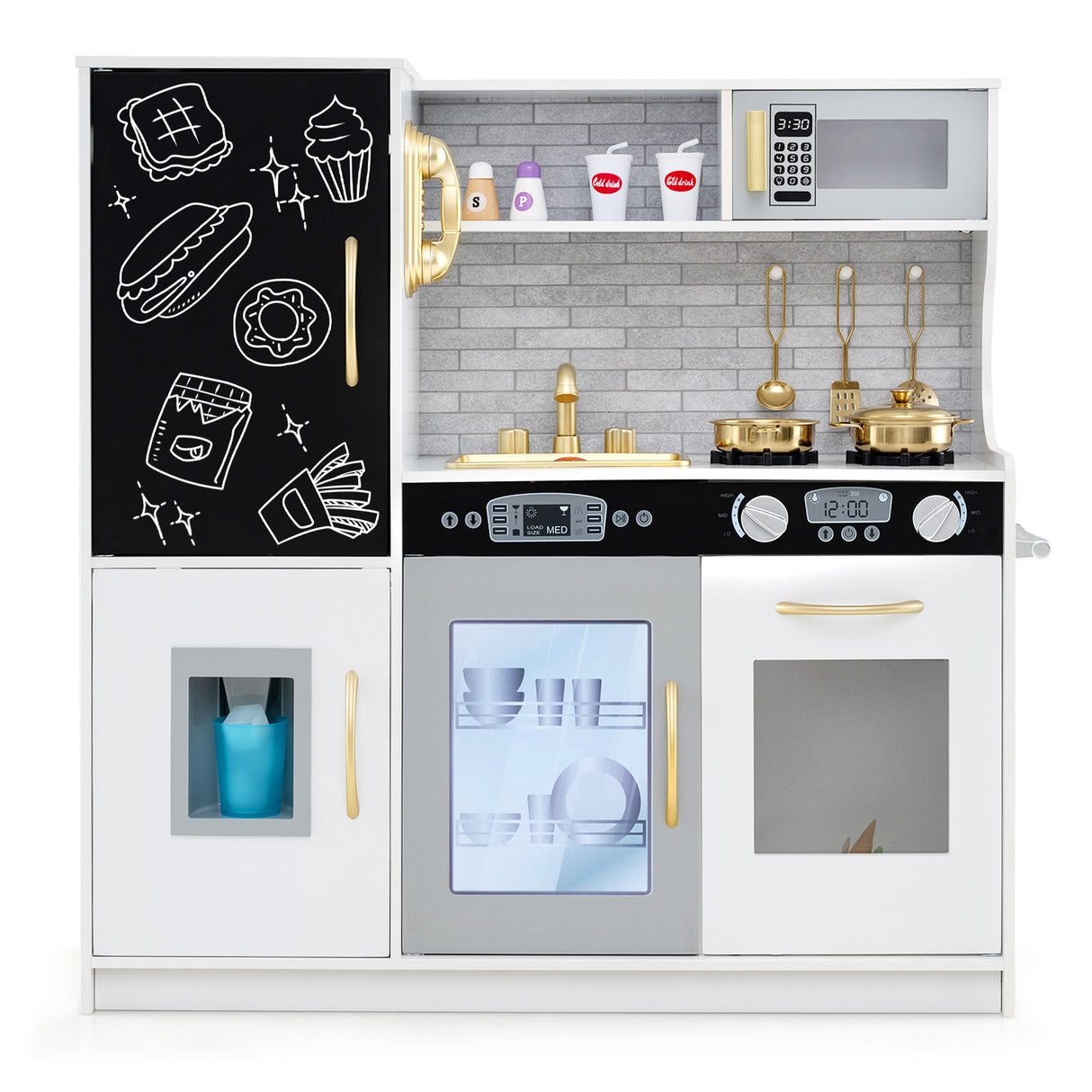 HONEY JOY Pretend Play Kitchen, Toddler Kitchen Playset w/Blackboard, Phone, Microwave, Ice Maker, Dishwasher & Oven