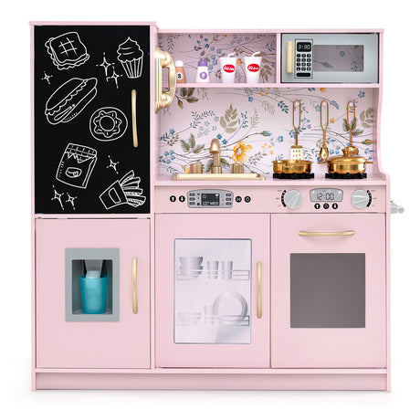 HONEY JOY Pretend Play Kitchen, Toddler Kitchen Playset w/Blackboard, Phone, Microwave, Ice Maker, Dishwasher & Oven