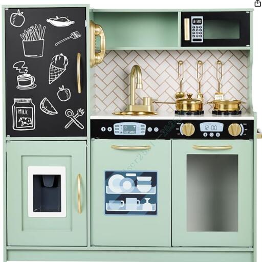 HONEY JOY Pretend Play Kitchen, Toddler Kitchen Playset w/Blackboard, Phone, Microwave, Ice Maker, Dishwasher & Oven