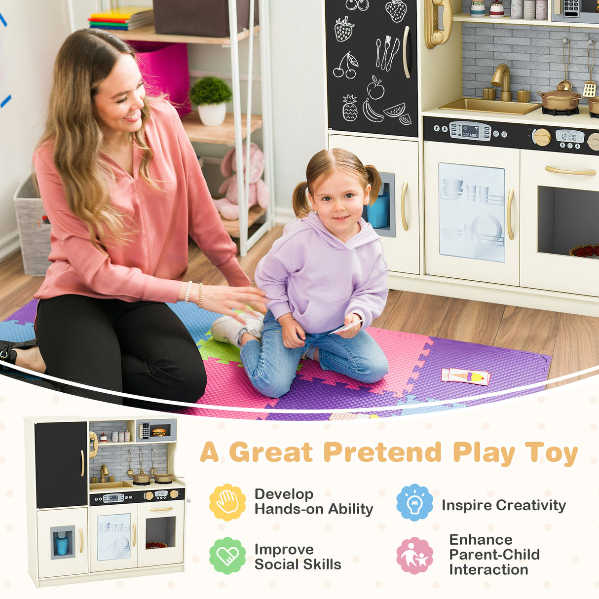 Woman and child playing with a toy kitchen set on a mat.