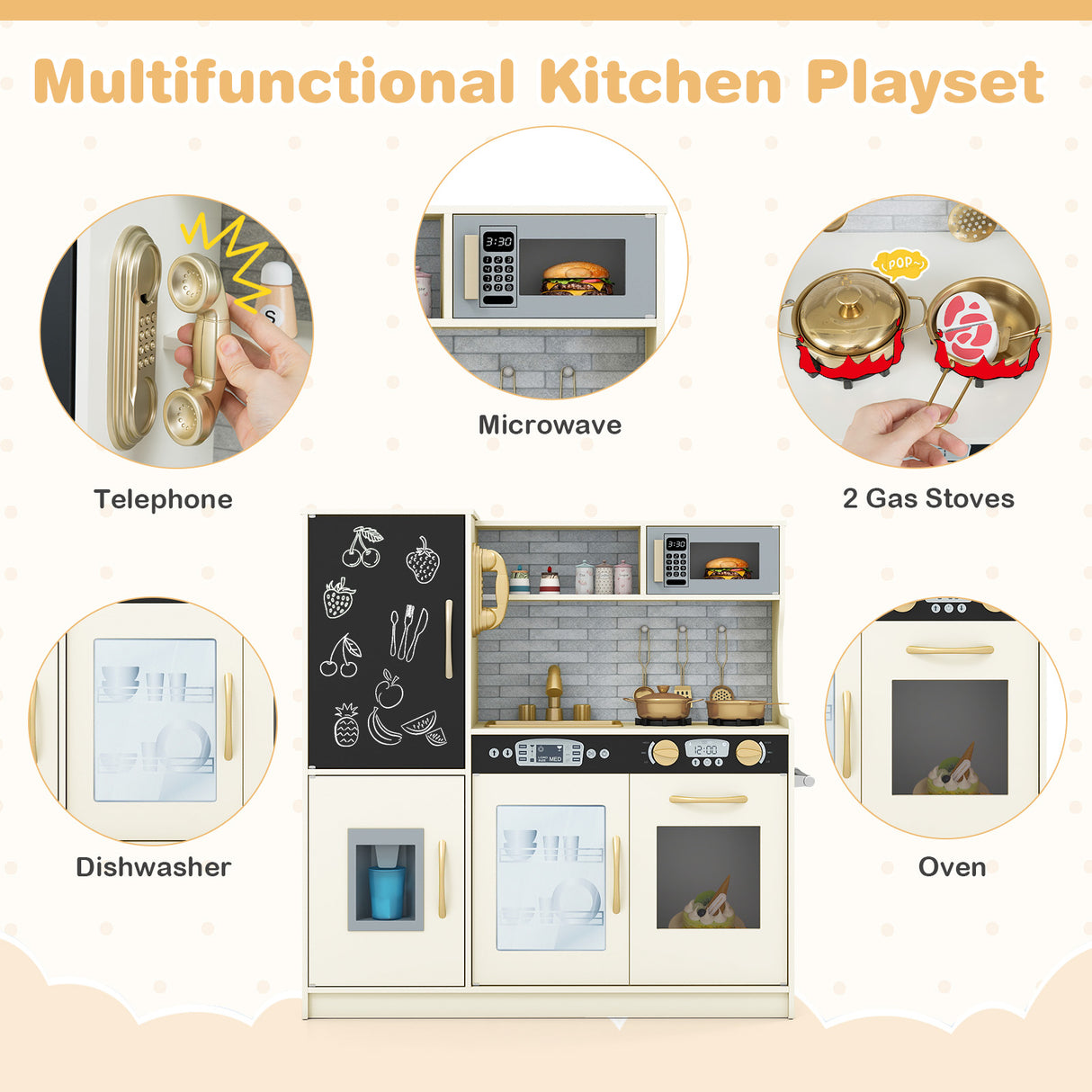 Multifunctional kitchen playset with various appliances and features.
