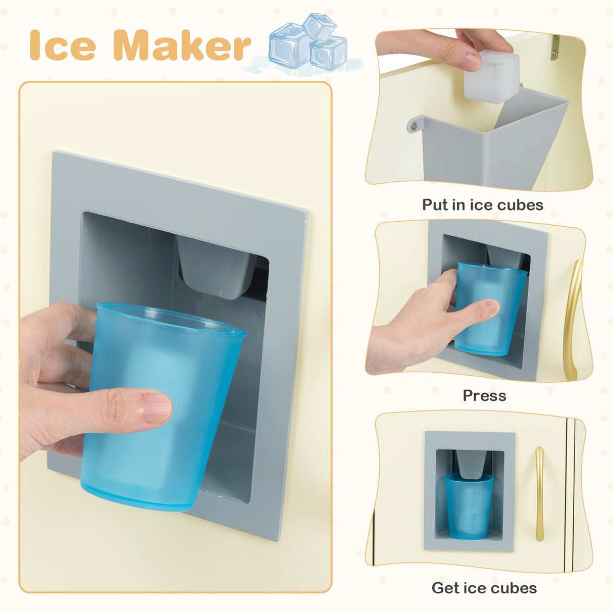 Ice maker with instructions on how to use it, including placing a blue cup under the ice maker and pressing to get ice cubes.