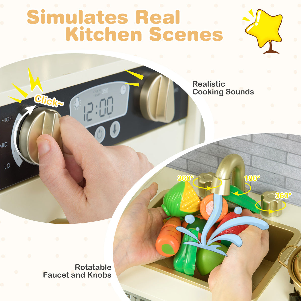 Toy kitchen set with digital clock, faucet, and toy vegetables on a white background