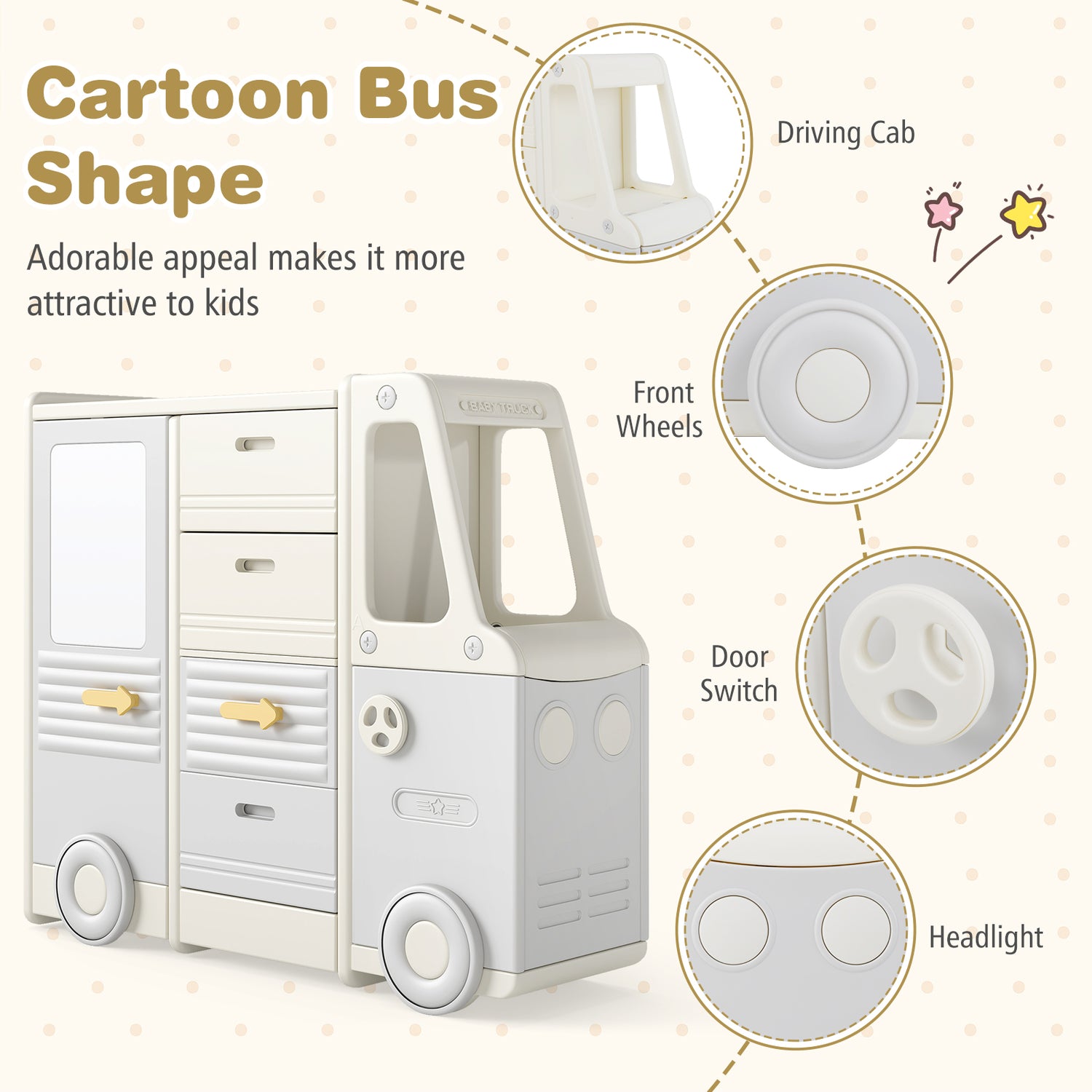 Kids Toy Storage Organizer, Bus-shaped Children Cabinet