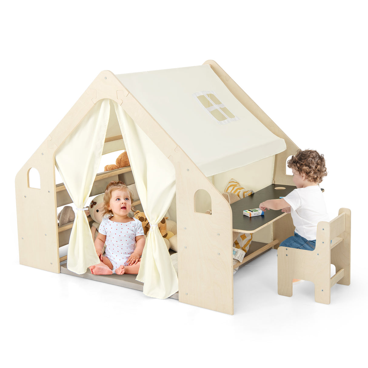 6-in-1 Kids Playhouse Wooden Indoor Play Tent, Large Play Tent Storage Rack with Wooden Frame & Curtains