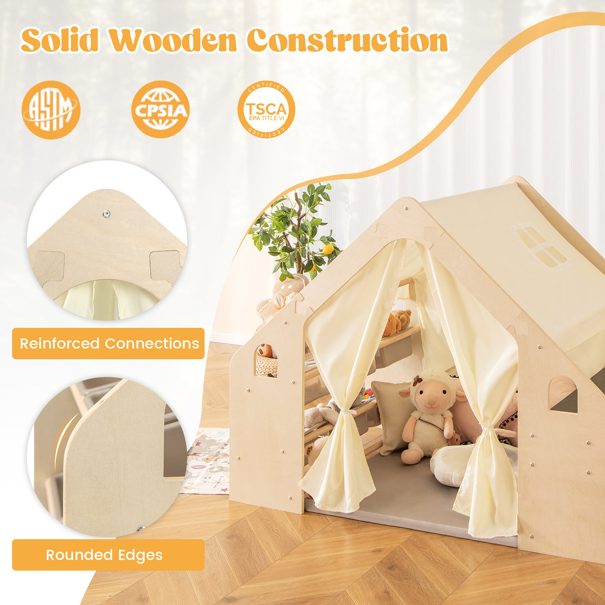 6-in-1 Kids Playhouse Wooden Indoor Play Tent, Large Play Tent Storage Rack with Wooden Frame & Curtains