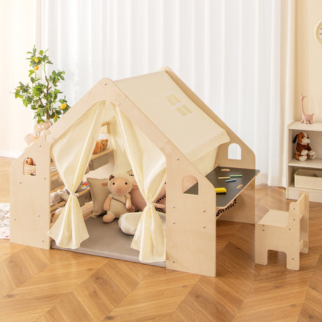 6-in-1 Kids Playhouse Wooden Indoor Play Tent, Large Play Tent Storage Rack with Wooden Frame & Curtains