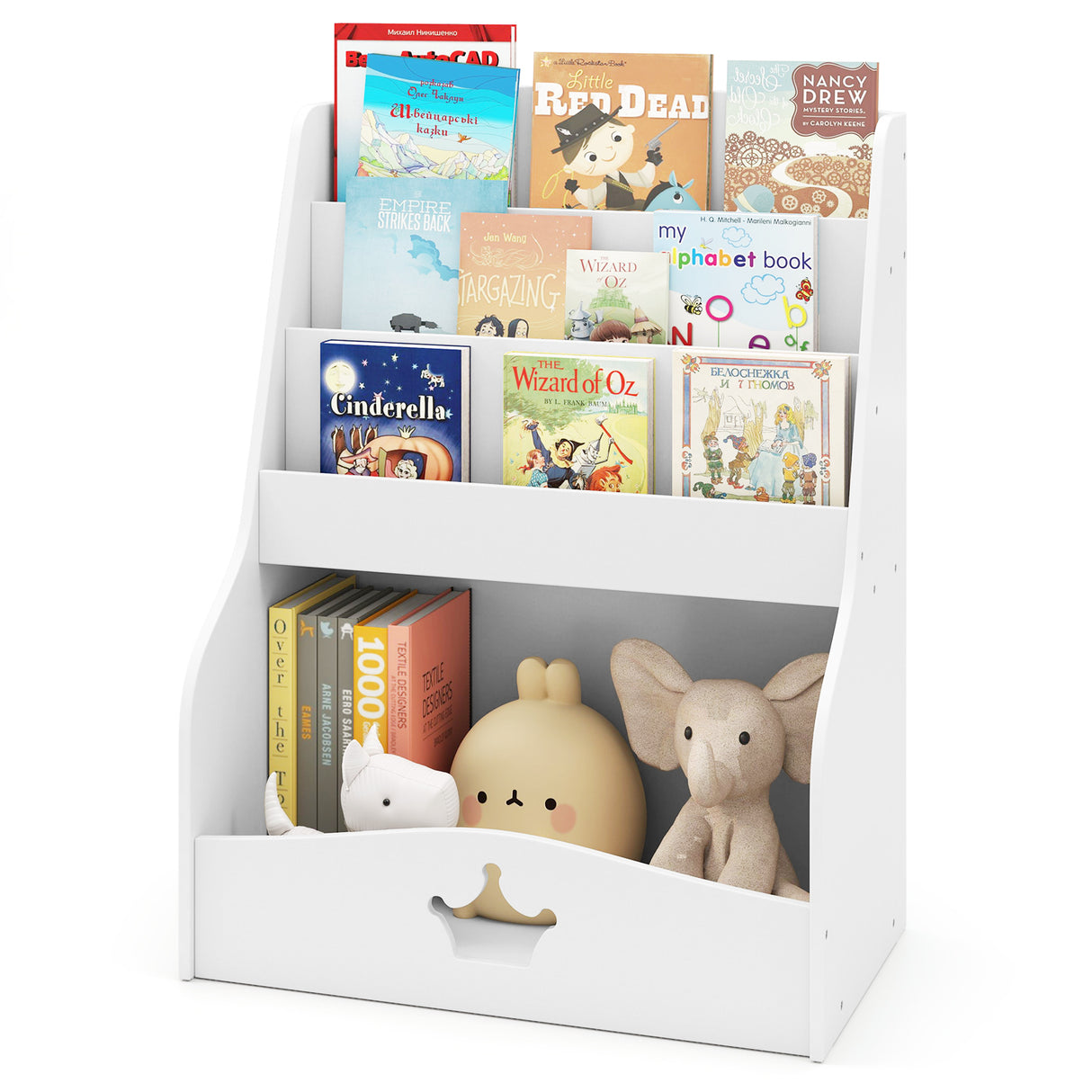 White children's bookshelf with books and toys on a white background