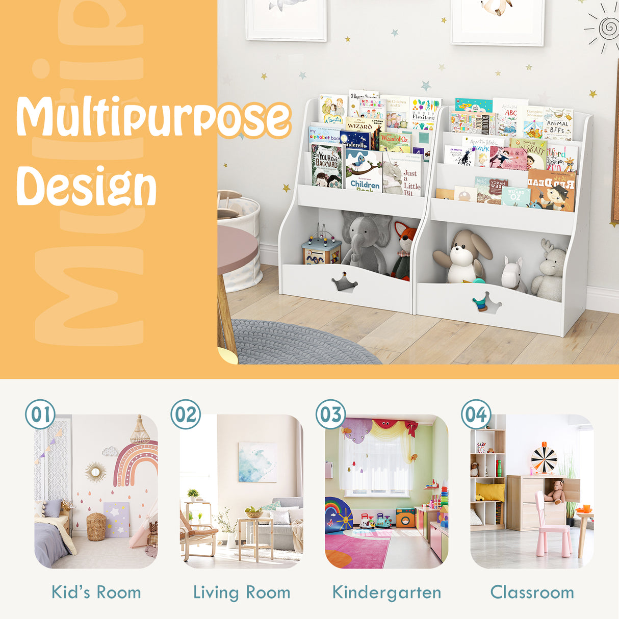 White bookshelf with books and toys in a room setting, labeled 'Multipurpose Design' with application scenarios.