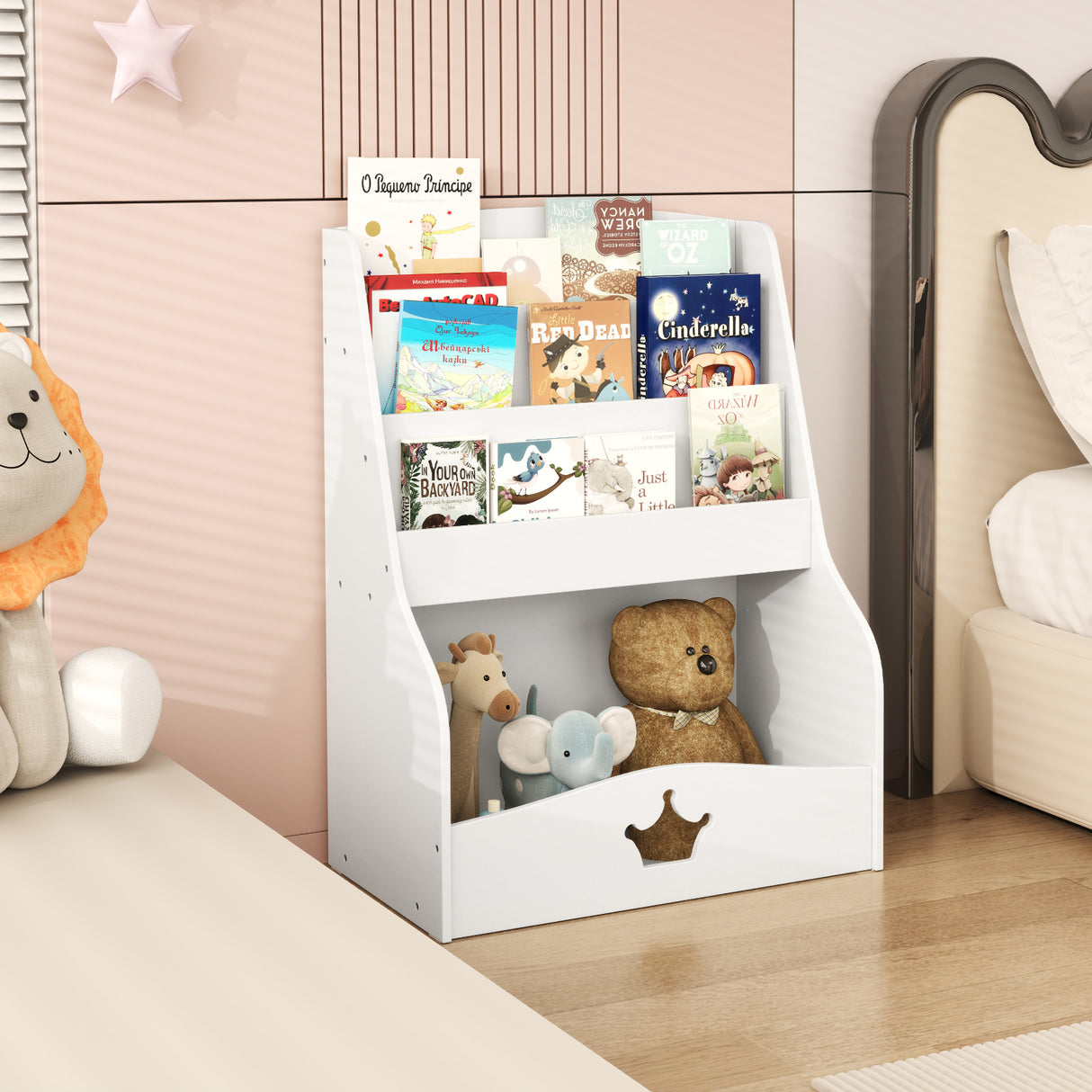 Children's bookshelf with books and toys in a bedroom setting