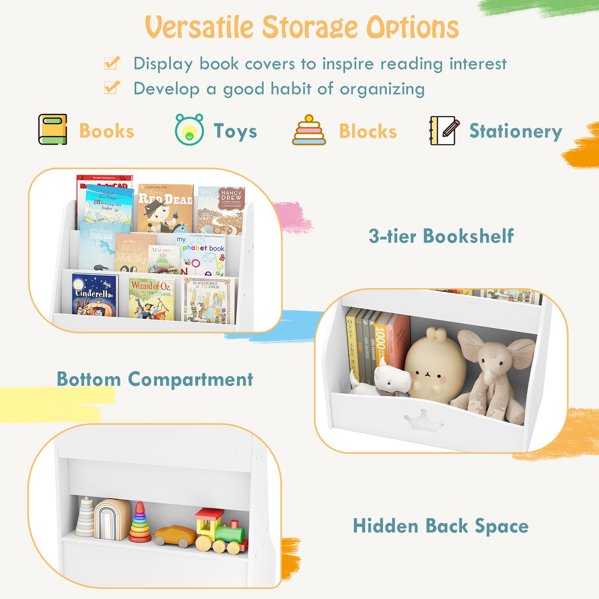 3-tier bookshelf with books, toys, and blocks on a white background