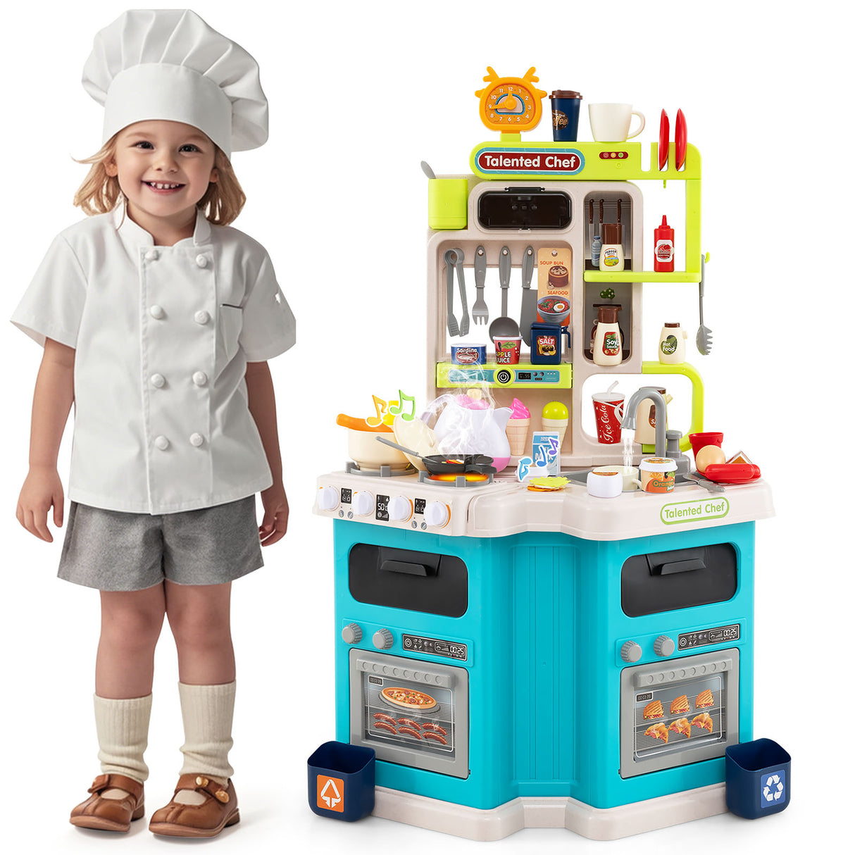 Kids Kitchen Playset, Corner Play Kitchen with Realistic Sounds and Lights, Cooking Stove with Steam