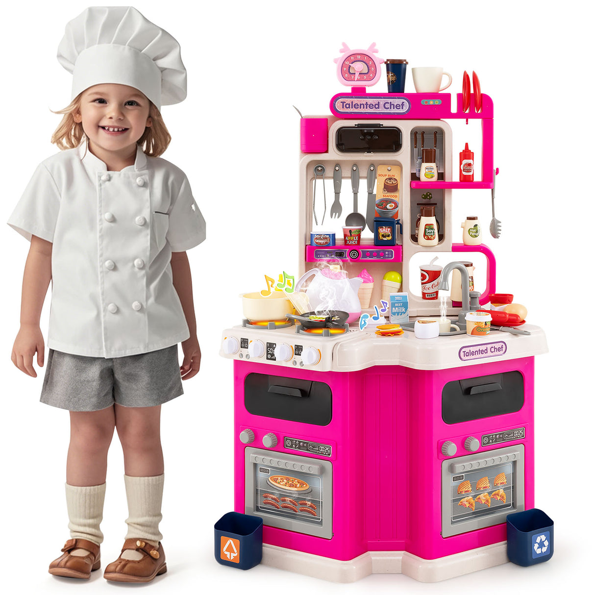 Kids Kitchen Playset, Corner Play Kitchen with Realistic Sounds and Lights, Cooking Stove with Steam