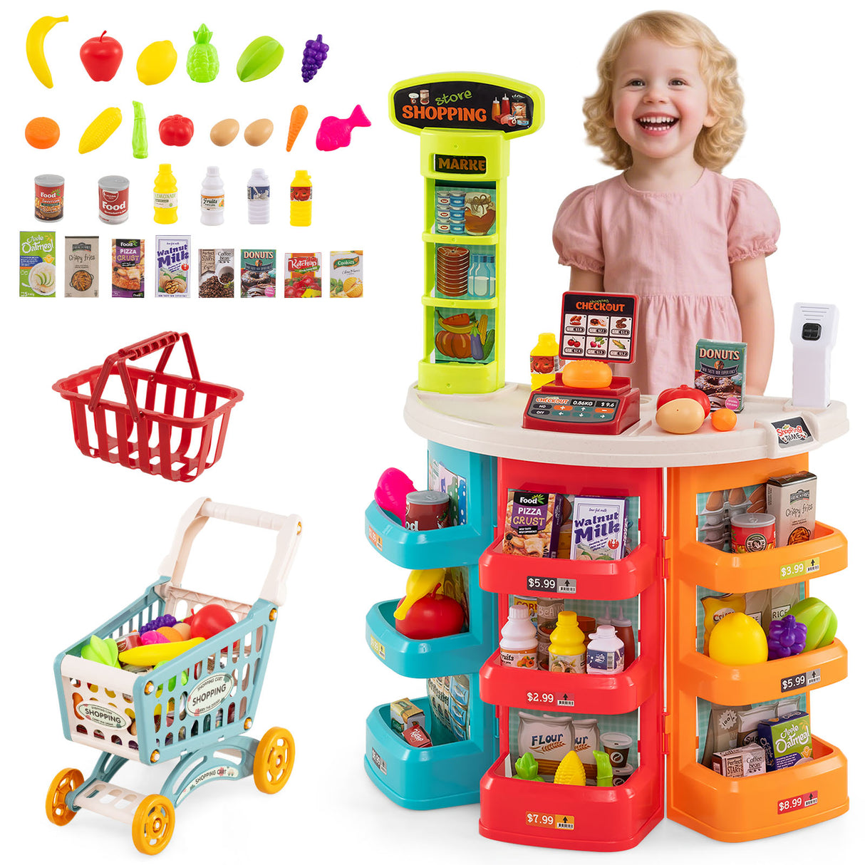 76PCS Supermarket Playset, Kids Pretend Play Grocery Store Set with Shopping Cart