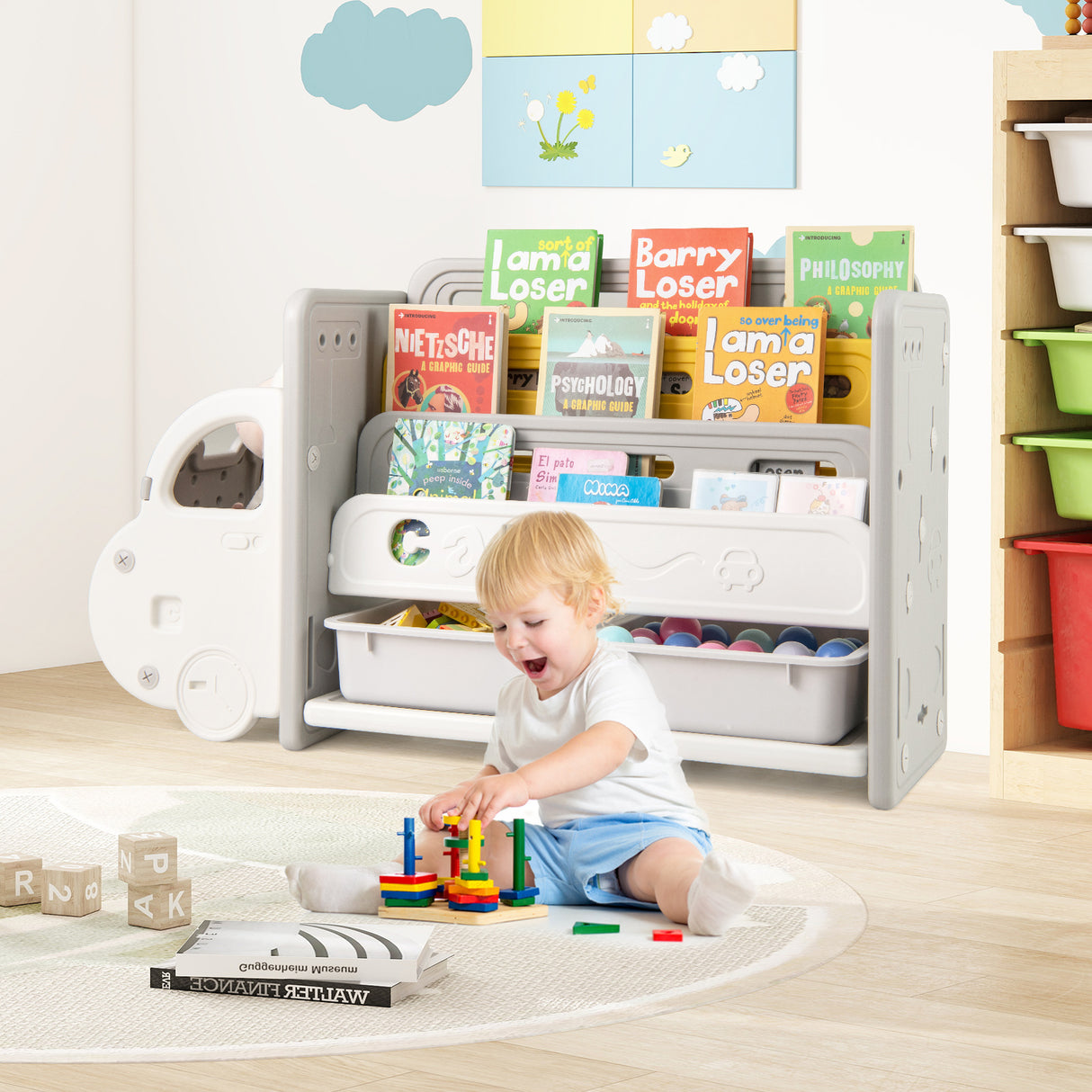 Kids Toy Storage and Bookshelf, Car Themed Toy Storage Shelf