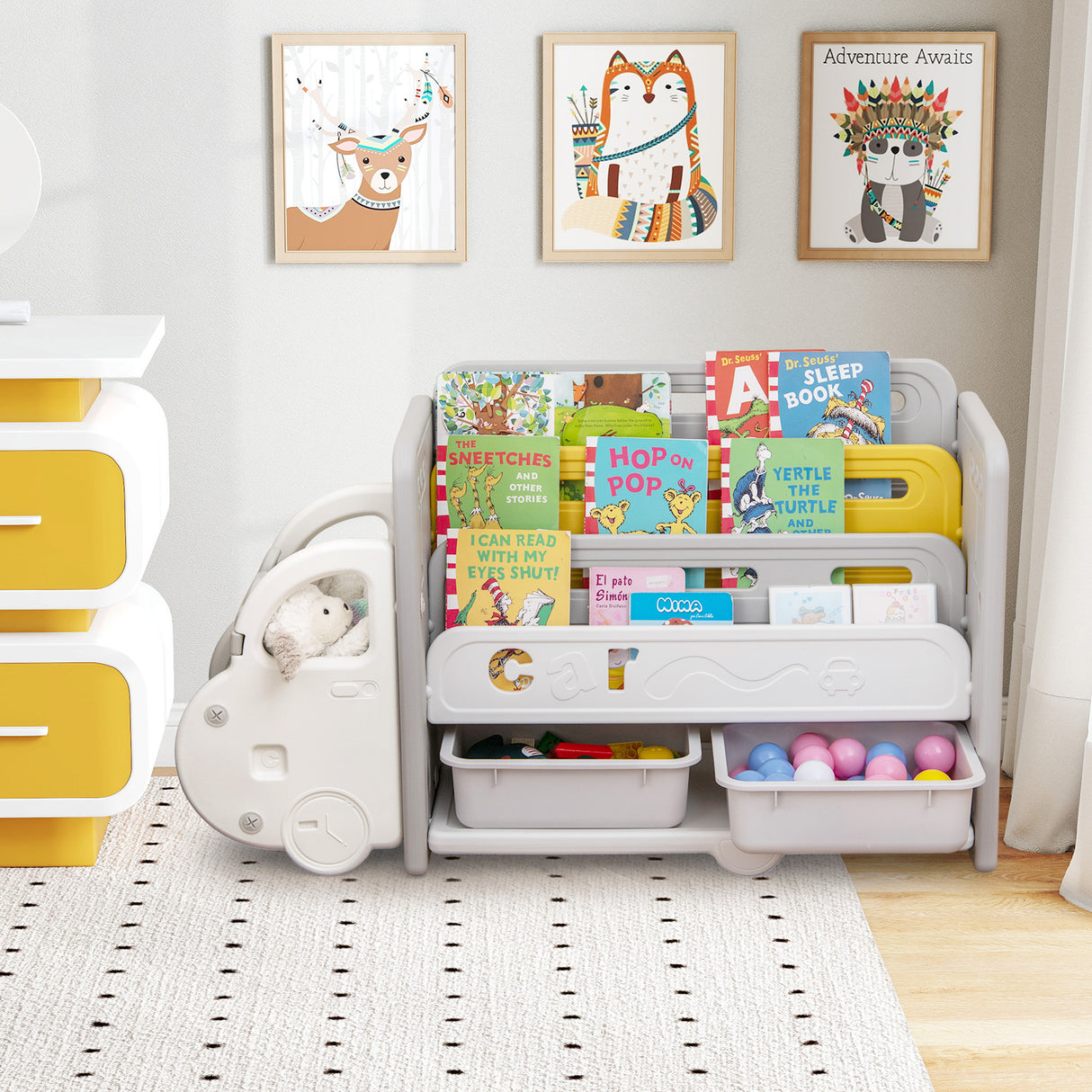 Kids Toy Storage and Bookshelf, Car Themed Toy Storage Shelf