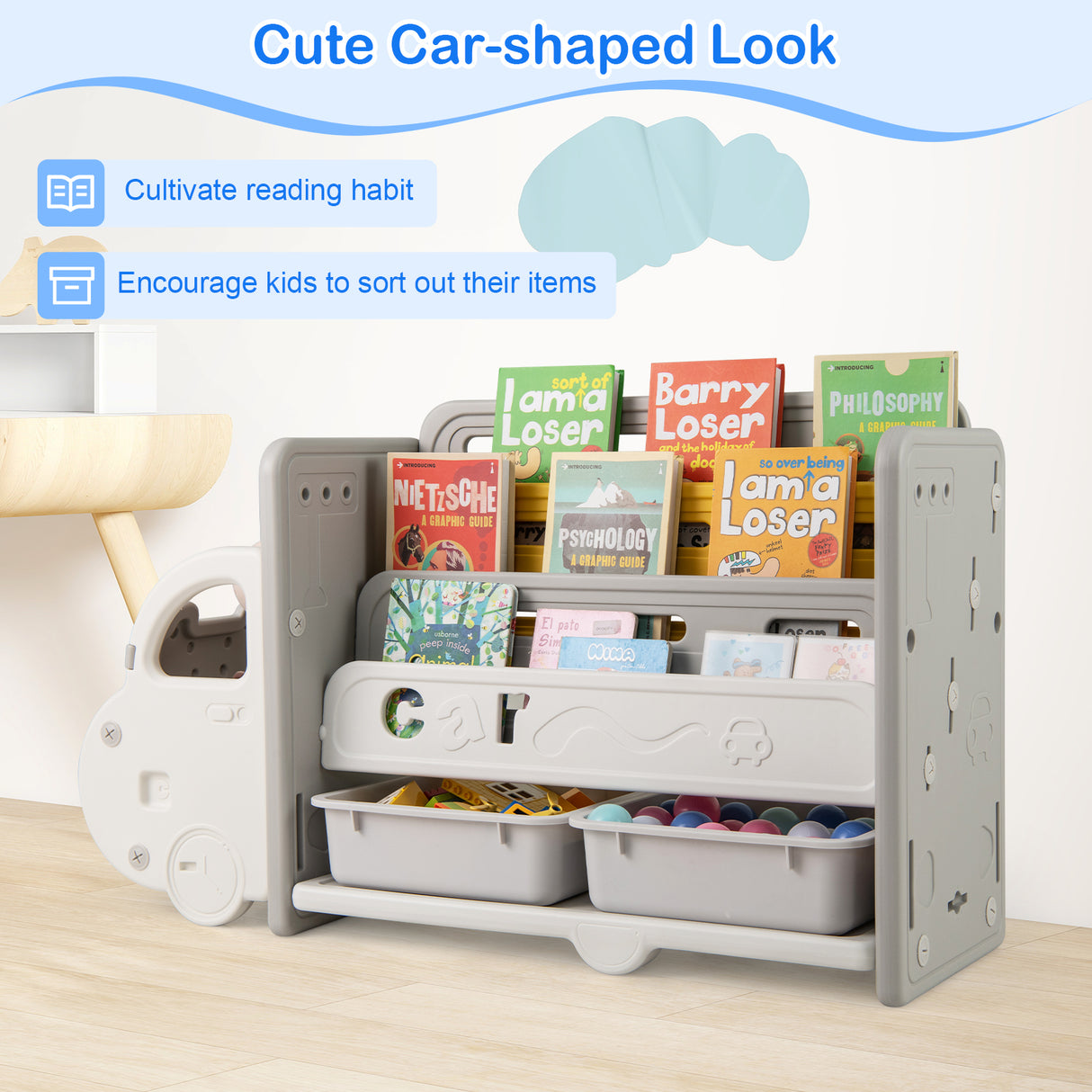 Kids Toy Storage and Bookshelf, Car Themed Toy Storage Shelf