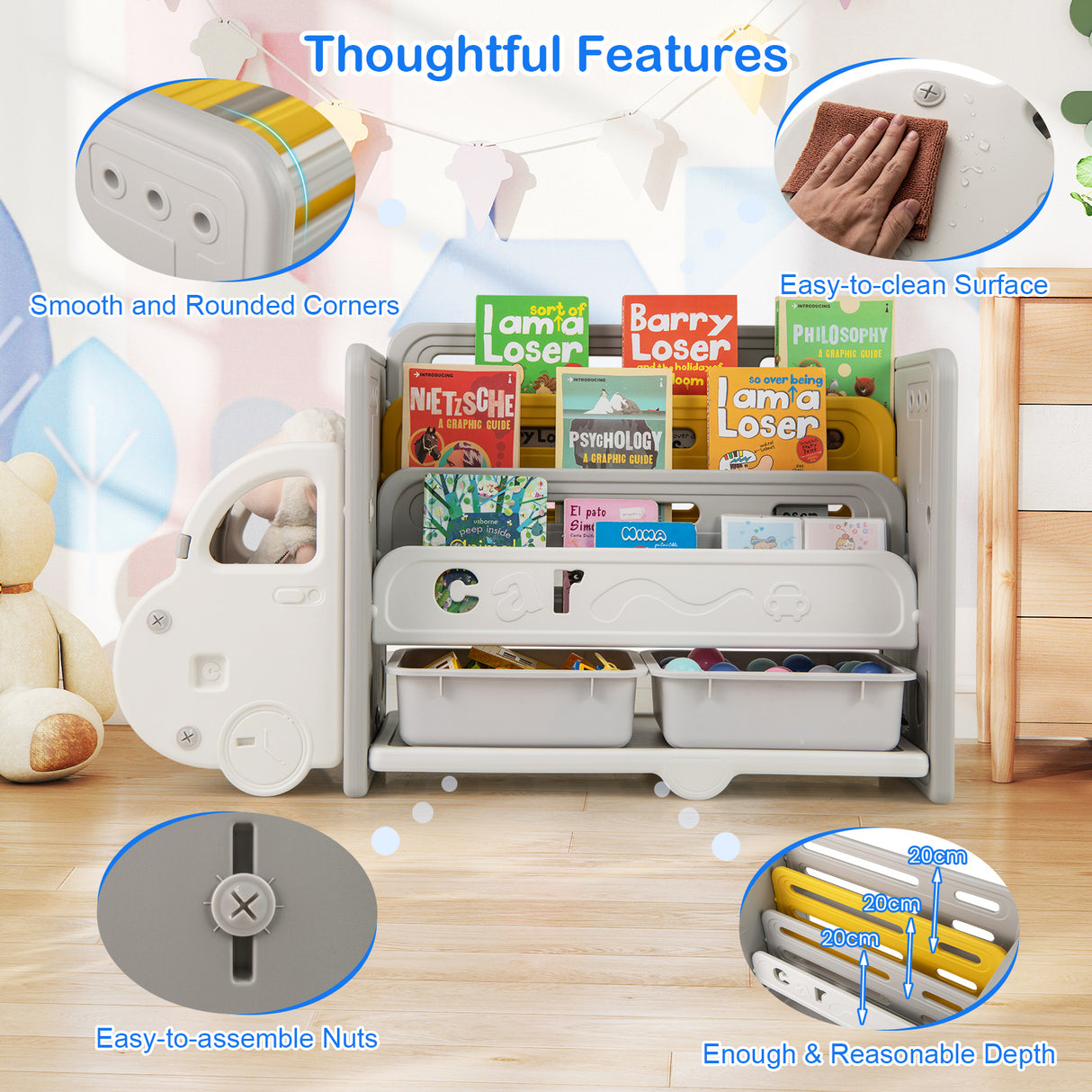 Kids Toy Storage and Bookshelf, Car Themed Toy Storage Shelf