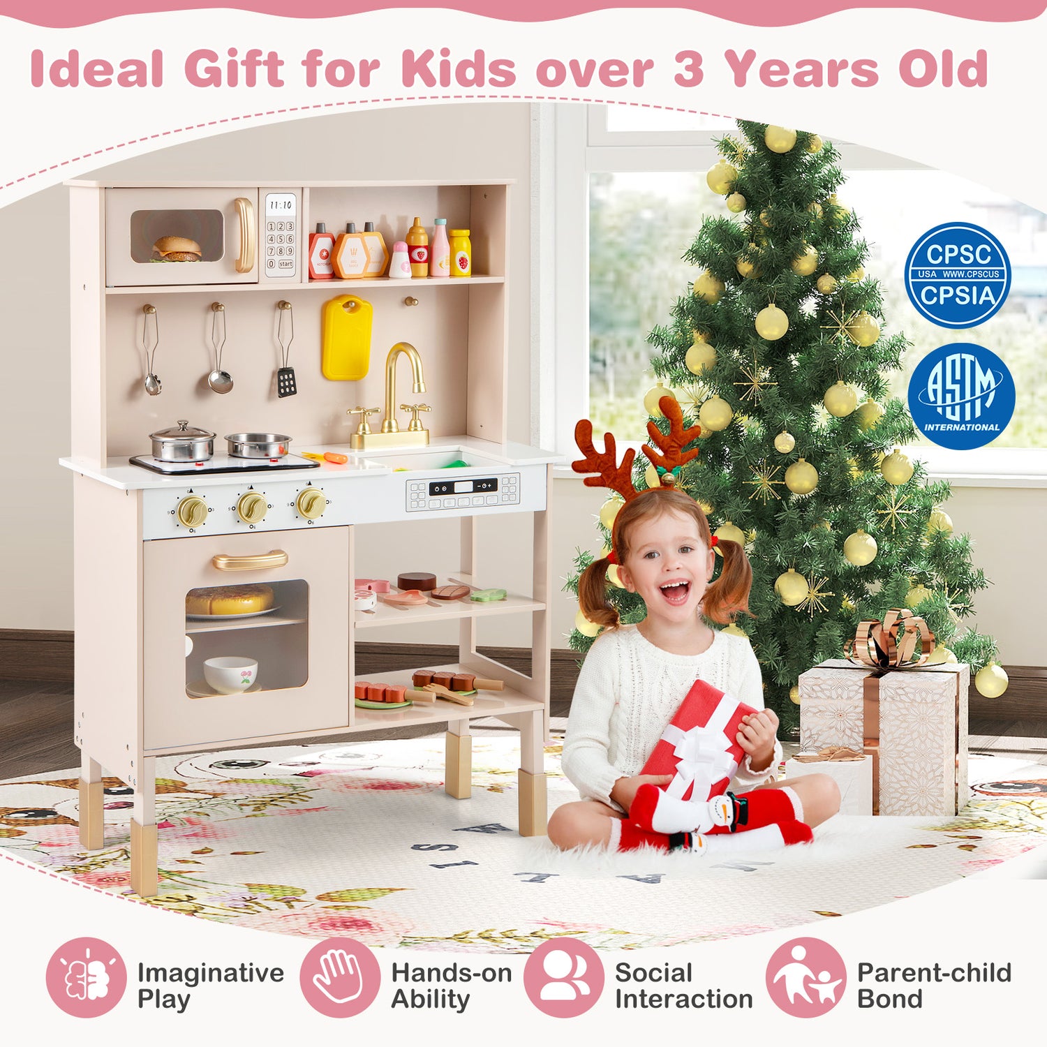 Children's play kitchen set with a Christmas tree and decorations, ideal gift for kids over 3 years old.