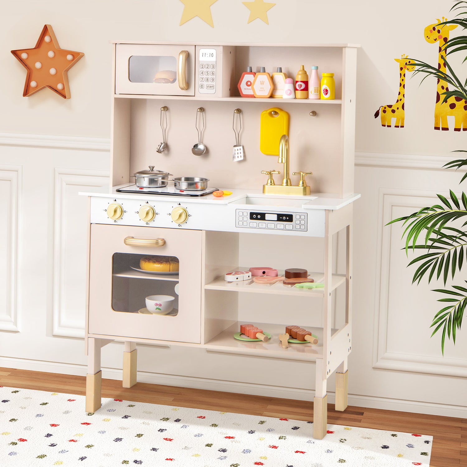 Children's play kitchen set with toys and utensils in a room setting.