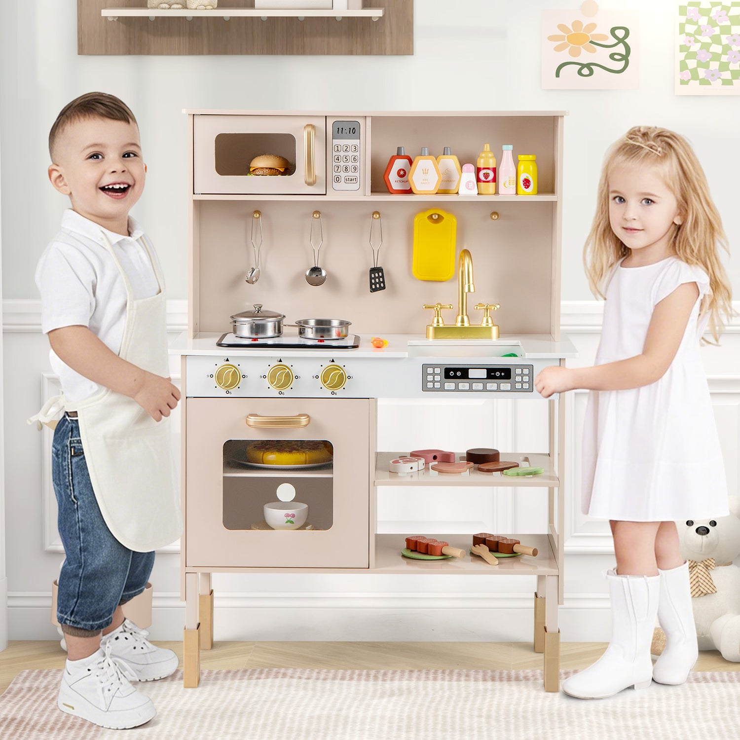 Two children playing with a toy kitchen set in a bright room.